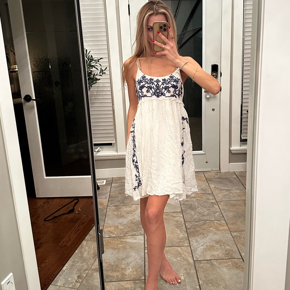 Kismet White Dress with Navy Embroidery